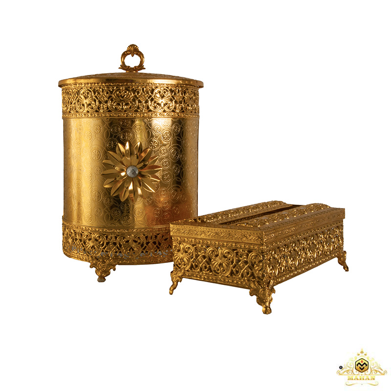 سطل و دستمال طرح شکوفه رنگ طلایی